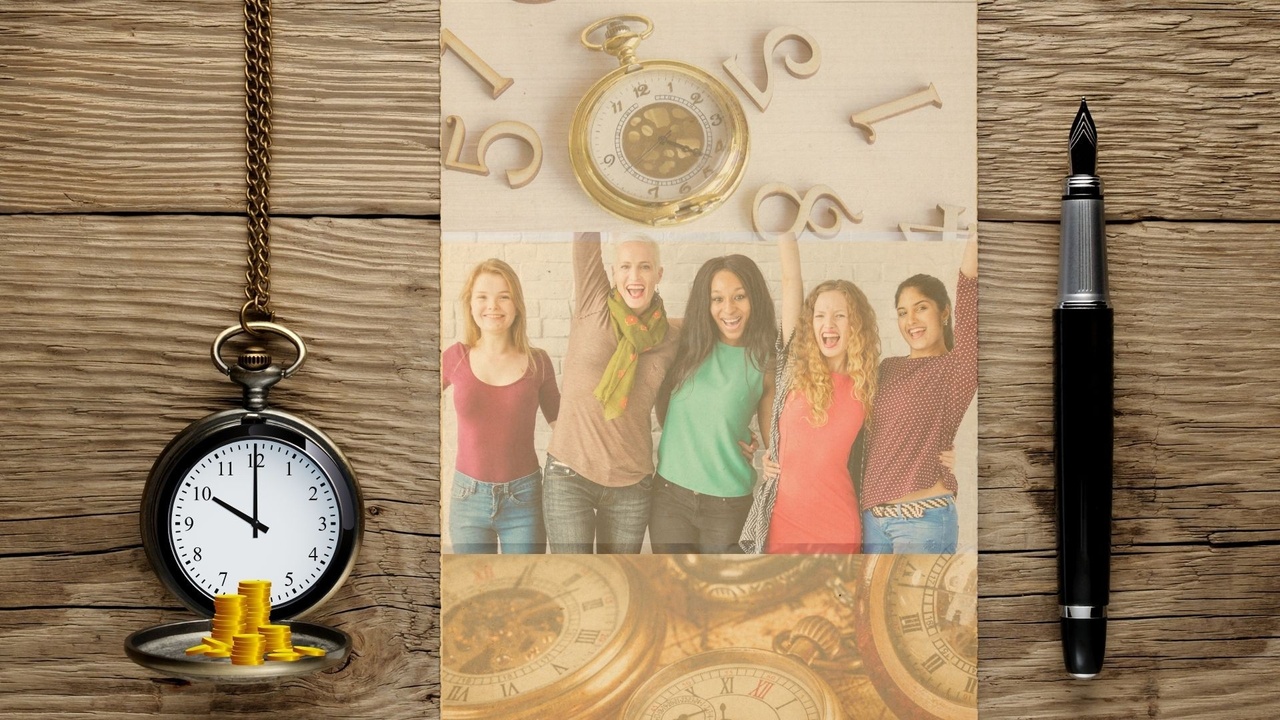 A group of five people smiling, surrounded by pocket watches and clock numbers, with a pocket watch, coins, and a pen on a wooden surface.